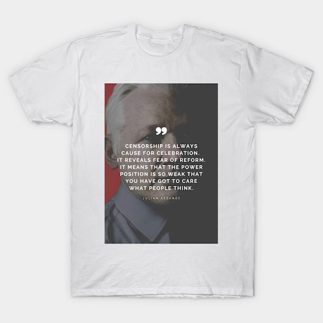 Julian Assange Quote - Censorship is cause for celebration. It reveals fear of reform. Weak Power T-Shirt by Everyday Inspiration